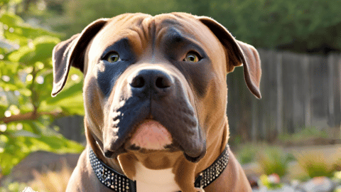 A close-up of a muscular brown and black American Bully Pitbull mix with shining eyes, standing tall in a natural outdoor setting.