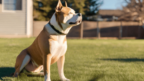 A sun-dappled, grassy field with a muscular, brown-furred American Bully Husky mix dog standing in the center, gazing off into the distance with a watchful expression.
