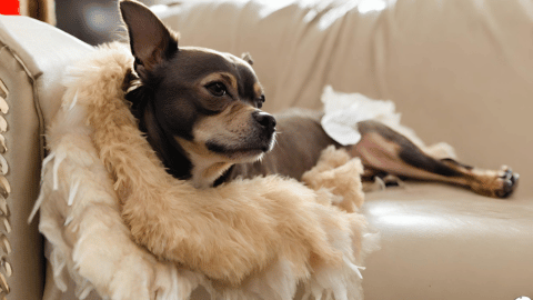An American Bully Chihuahua Mix dog sleeping in a cozy corner of a room, its long and hairy coat draped over the edge of a beige armchair.