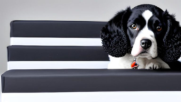 A Pitbull Poodle Mix dog peeking over a bench